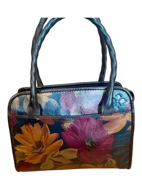 Patricia Nash Floral Leather Satchel Crossbody Bag Top Handle Purse Navy Multi